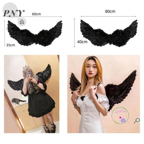 Cánh Thiên Thần Đen Lông Vũ Cho Trẻ Em & Người Lớn - Phụ Kiện Hóa Trang Halloween Độc Đáo, Kích Thước 60x35cm / 80x40cm