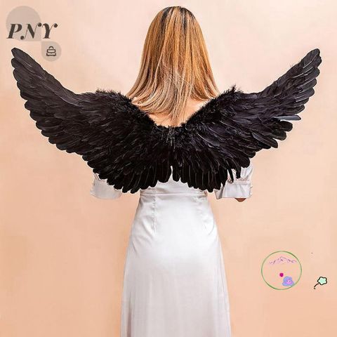 Cánh Thiên Thần Đen Lông Vũ Cho Trẻ Em & Người Lớn - Phụ Kiện Hóa Trang Halloween Độc Đáo, Kích Thước 60x35cm / 80x40cm
