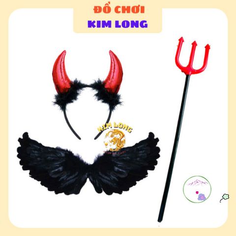 Bộ Phụ Kiện Hóa Trang Halloween - Cánh Thiên Thần Đen, Sừng Đỏ và Cây 3 Chĩa Ma Quái Cho Trang Phục Hoàn Hảo