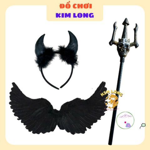Bộ Phụ Kiện Hóa Trang Halloween - Cánh Thiên Thần Đen, Sừng Đỏ và Cây 3 Chĩa Ma Quái Cho Trang Phục Hoàn Hảo
