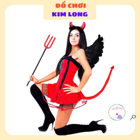 Bộ Phụ Kiện Hóa Trang Halloween - Cánh Thiên Thần Đen, Sừng Đỏ và Cây 3 Chĩa Ma Quái Cho Trang Phục Hoàn Hảo