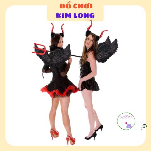 Bộ Phụ Kiện Hóa Trang Halloween - Cánh Thiên Thần Đen, Sừng Đỏ và Cây 3 Chĩa Ma Quái Cho Trang Phục Hoàn Hảo
