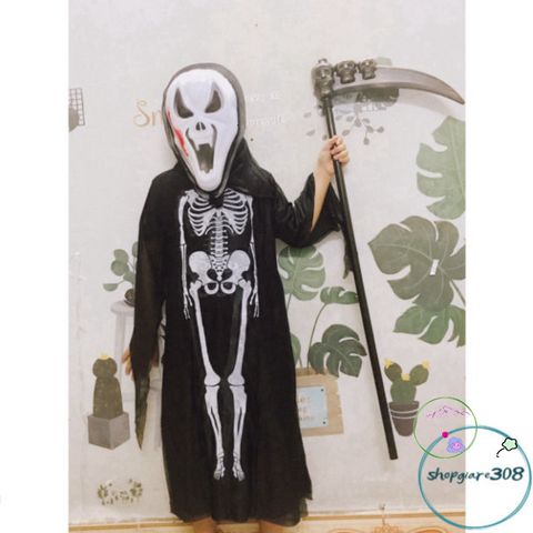 Bộ Trang Phục Hóa Trang Thần Chết - Áo Bộ Xương, Mặt Nạ Ma, Lưỡi Hái - Set Halloween Đầy Ấn Tượng Cho Bé Yêu