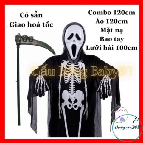 Bộ Trang Phục Hóa Trang Thần Chết - Áo Bộ Xương, Mặt Nạ Ma, Lưỡi Hái - Set Halloween Đầy Ấn Tượng Cho Bé Yêu