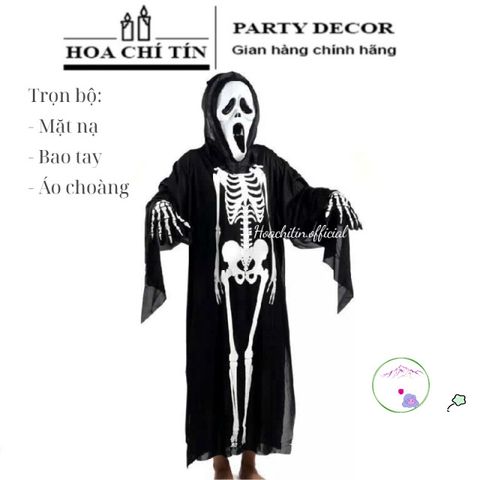 Áo Choàng Bọ Xương Thần Chết Halloween - Kèm Găng Tay và Mặt Nạ Kinh Dị - Đồ Hóa Trang Độc Đáo Cho Trẻ Em và Người Lớn