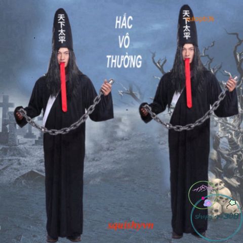 Bộ Trang Phục Halloween Bạch Vô Thường - Áo Choàng Đen, Mũ Đuôi Sam & Kính LED Đỏ - Phù Hợp Cho Cosplay & Bữa Tiệc Hóa Trang