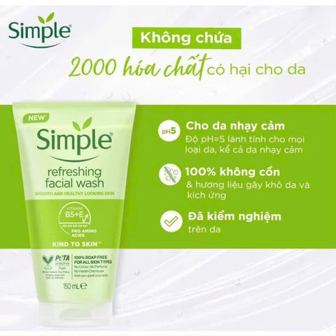 Sữa Rửa Mặt Simple Refreshing Facial Wash 150ml - Cho Mọi Loại Da, Không Hóa Chất Độc Hại, Dưỡng Ẩm, Làm Sạch Da Mềm Mịn