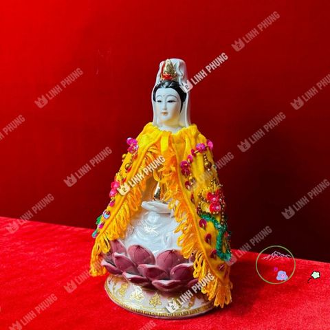 Áo choàng Quan Âm bằng nhung thêu hoa sen trúc - Thời trang thủ công độc đáo, kích thước 20cm QAK cho trang trí tượng đẹp mắt