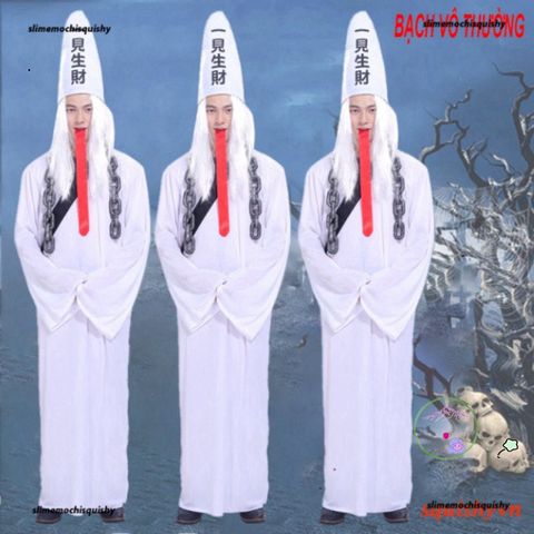 Bộ Y Phục Halloween Hắc Bạch-Vô Thường - Thần Chết Kinh Dị, Áo Choàng, Găng Tay, Mũ, Dụng Cụ Cosplay Tiệc Ngày Ma Quái