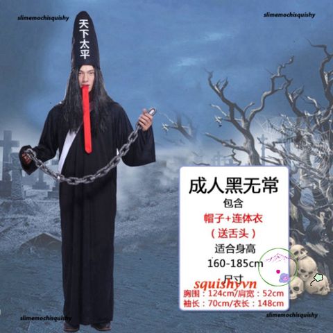 Bộ Y Phục Halloween Hắc Bạch-Vô Thường - Thần Chết Kinh Dị, Áo Choàng, Găng Tay, Mũ, Dụng Cụ Cosplay Tiệc Ngày Ma Quái