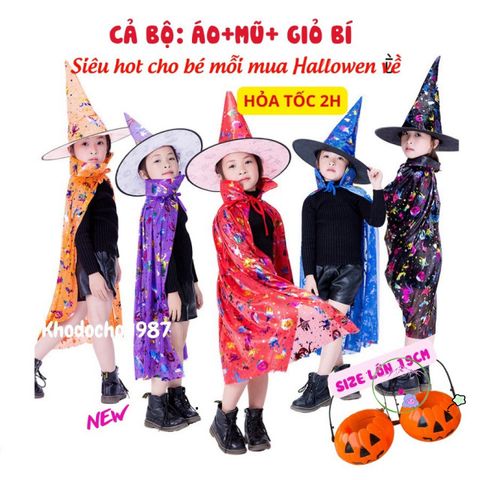 Bộ đồ hóa trang Halloween cho trẻ em - Áo choàng siêu nhân, mũ và giỏ bí ngô cao cấp, chất liệu mềm mịn, phù hợp để cosplay