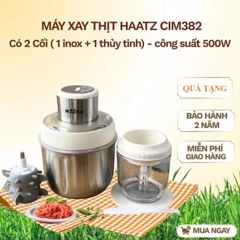 Máy Xay Thịt Haatz HMG168 (CIM382) - 2 Cối Inox 2,5L và Thủy Tinh 0,75L - Công Suất 500W Kèm Phụ Kiện Đánh Ruốc, Bảo Hành 2 Năm