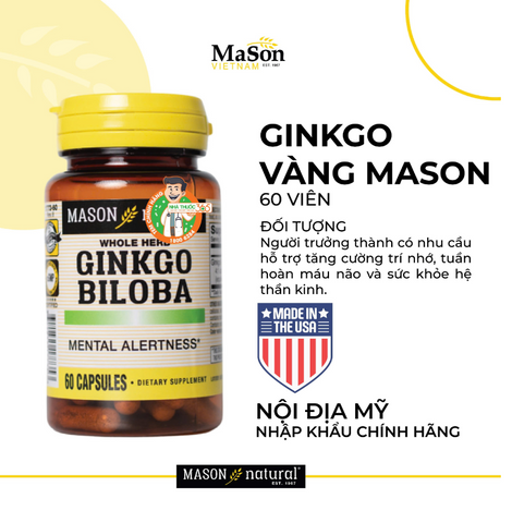 Viên Uống Ginkgo Biloba Mason Natural 60 Viên - Hỗ Trợ Chức Năng Não Bộ và Tuần Hoàn Máu Não - Sản Phẩm Mỹ Chính Hãng