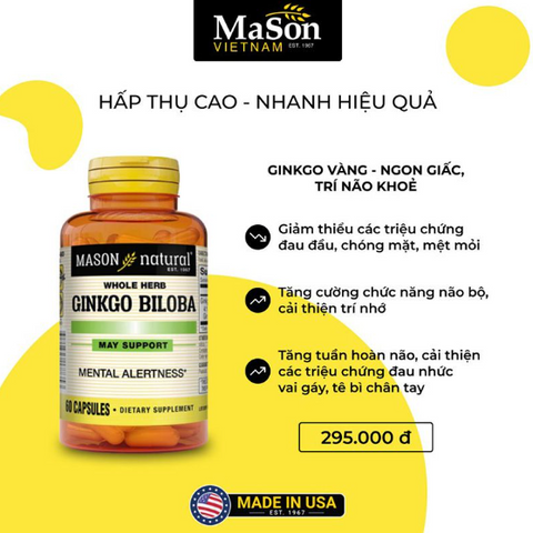 Viên Uống Ginkgo Biloba Mason Natural 60 Viên - Hỗ Trợ Chức Năng Não Bộ và Tuần Hoàn Máu Não - Sản Phẩm Mỹ Chính Hãng