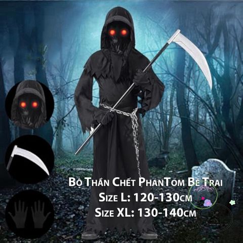 Bộ đồ hóa trang Thần Chết Phantom cho bé trai - Áo choàng, mũ và lưỡi hái Halloween, độc đáo, cho bé từ 5-10 tuổi