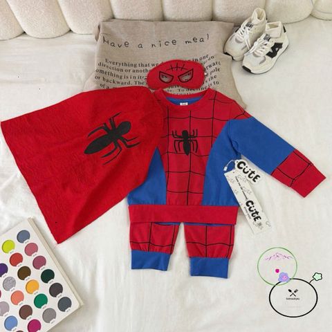 Bộ Trang Phục Người Nhện Dài Tay Cho Bé - Áo Choàng Đỏ Xanh Kèm Mặt Nạ Cotton Thời Trang Trẻ Em
