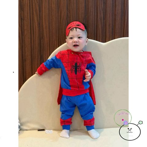 Bộ Trang Phục Người Nhện Dài Tay Cho Bé - Áo Choàng Đỏ Xanh Kèm Mặt Nạ Cotton Thời Trang Trẻ Em