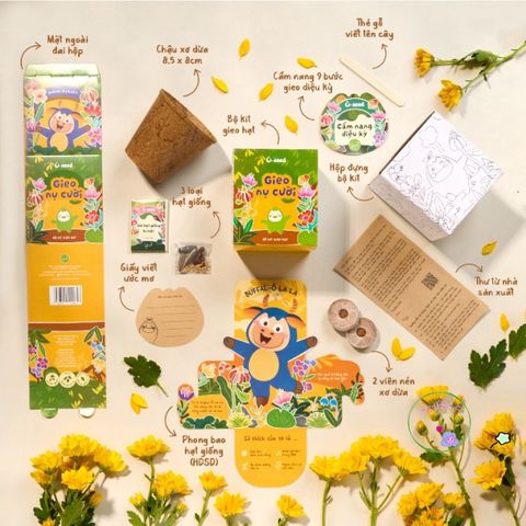 Bộ trồng cây Ô-Seed - Gieo hạt giống bất ngờ với 4 phụ kiện, kèm cẩm nang hướng dẫn và chậu xơ dừa, thú vị cho trẻ em và người thích làm vườn.