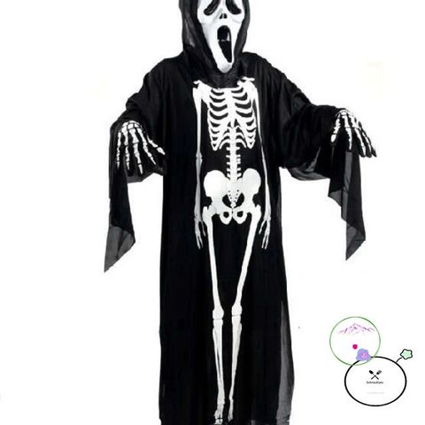 Bộ Trang Phục Hóa Trang Thần Chết Halloween - Áo Choàng Xương Đen Cosplay Người Lớn & Trẻ Em, Thời Trang Ma Quái
