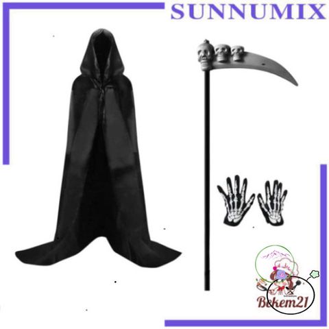Bộ Đồ Hóa Trang Thần Chết Halloween 4 Món - Áo Choàng Có Mũ, Mặt Nạ, Găng Tay và Lưỡi Hái - Đạo Cụ Kinh Dị Cho Tiệc Hóa Trang