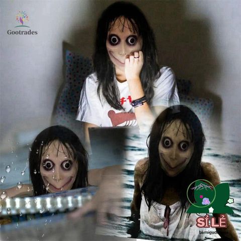 Mặt nạ Halloween Momo - Phụ kiện cosplay kinh dị với tóc giả cao su cho tiệc hóa trang, biểu diễn và lễ hội ma quái