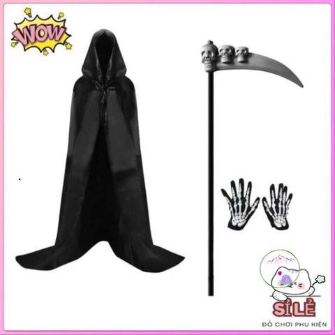 Bộ Trang Phục Thần Chết Halloween 3 Món - Áo Choàng Đen, Găng Tay Hình Xương Độc Đáo, Hoàn Hảo Cho Tiệc Hóa Trang