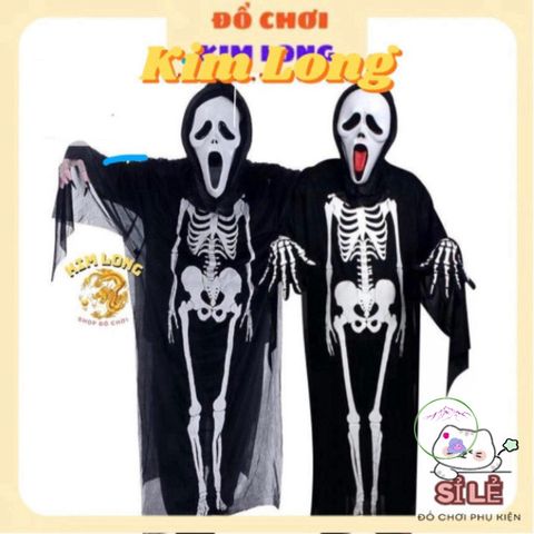 Bộ Trang Phục Halloween Bộ Xương Cho Trẻ Em và Người Lớn - Áo Choàng Nón, Găng Tay & Mặt Nạ Hóa Trang Chất Lượng Cao