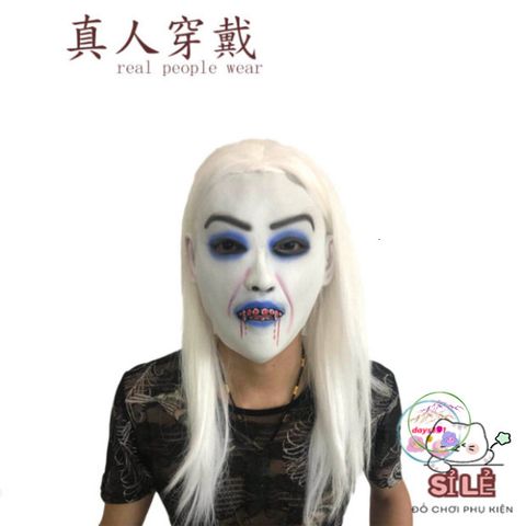 Mặt nạ Zombie Nữ Tóc Dài Trắng - Phụ Kiện Hóa Trang Độc Đáo Cho Halloween và Bữa Tiệc Tem Sát Nhập