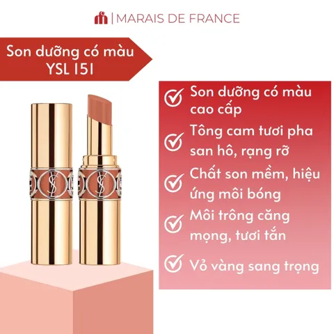 Son YSL Rouge Volupté Shine 151 Orange Caraco - Son Dưỡng Môi Bóng Khỏe Tươi Tắn, Chất Son Mềm Mượt, Thiết Kế Sang Trọng