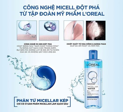 Nước Tẩy Trang L'Oreal Paris Micellar Water 400ml - Sạch Sâu, Loại Bỏ Bụi Bẩn & Trang Điểm, Dưỡng Ẩm Đa Năng 3-in-1 Cho Da Nhạy Cảm