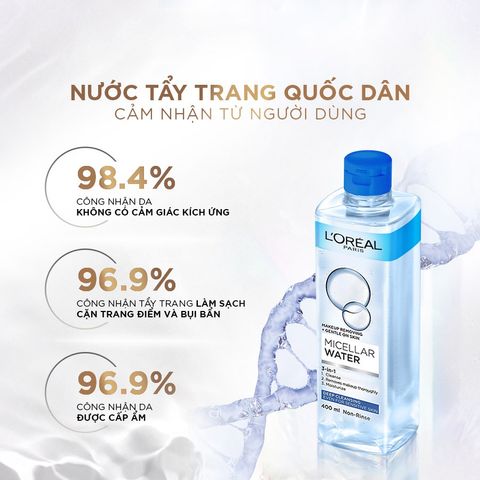 Nước Tẩy Trang L'Oreal Paris Micellar Water 400ml - Sạch Sâu, Loại Bỏ Bụi Bẩn & Trang Điểm, Dưỡng Ẩm Đa Năng 3-in-1 Cho Da Nhạy Cảm