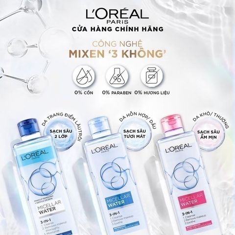 Nước tẩy trang L'Oreal Paris Micellar Water 400ml - Làm sạch sâu, loại bỏ bụi bẩn & trang điểm, phù hợp cho mọi loại da