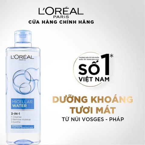 Nước tẩy trang L'Oreal Paris Micellar Water 400ml - Làm sạch sâu, loại bỏ bụi bẩn & trang điểm, phù hợp cho mọi loại da