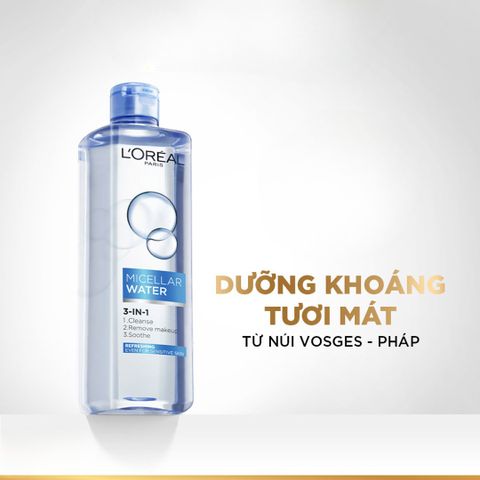 Nước tẩy trang L'Oreal Paris Micellar Water 400ml - Làm sạch sâu, loại bỏ bụi bẩn & trang điểm, phù hợp cho mọi loại da