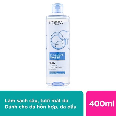 Nước tẩy trang L'Oreal Paris Micellar Water 400ml - Làm sạch sâu, loại bỏ bụi bẩn & trang điểm, phù hợp cho mọi loại da