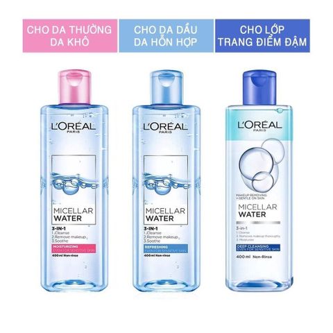 Nước Tẩy Trang L'Oreal Paris Micellar Water 400ml - Sạch Sâu, Dưới Ẩm, Cho Da Thường Và Da Khô, Tẩy Trang 3-in-1 Nhẹ Nhàng