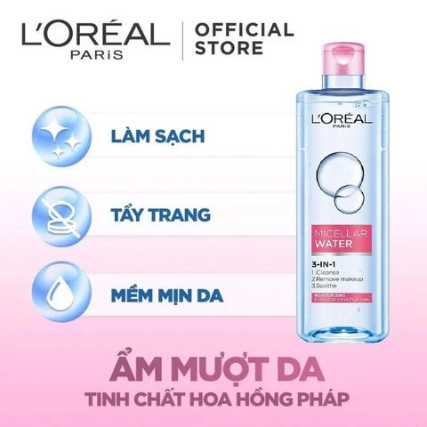 Nước Tẩy Trang L'Oreal Paris Micellar Water 400ml - Sạch Sâu, Dưới Ẩm, Cho Da Thường Và Da Khô, Tẩy Trang 3-in-1 Nhẹ Nhàng