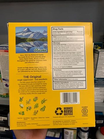 Kẹo Thông Cổ Ricola Original Swiss Herb - Hỗ Trợ Làm Dịu Cổ Họng Khô, Không Đường, Tiện Lợi Mang Theo, Thụy Sĩ