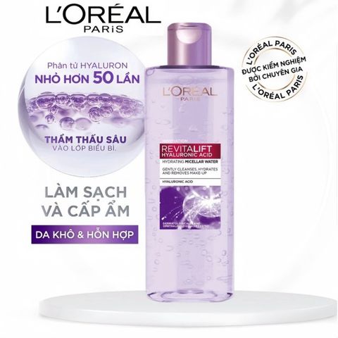 Nước Tẩy Trang L'Oreal Paris Micellar Water 400ml - Làm Sạch Sâu, Cấp Ẩm, Loại Bỏ Bụi Bẩn & Trang Điểm 3-in-1 Cho Mọi Loại Da
