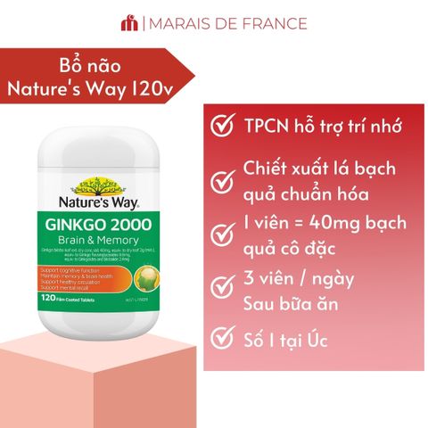 Viên Uống Bạch Quả Nature’s Way Ginkgo 2000 - Hỗ Trợ Trí Nhớ & Sức Khỏe Não Bộ Dạng Viên Tiện Lợi Cho Người Trưởng Thành