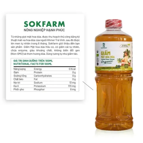 Giấm Mật Hoa Dừa Organic Sokfarm 1 Lít - Giấm Cái Tự Nhiên, Giàu Khoáng Chất, Non-GMO, Hương Dừa Thơm Ngon
