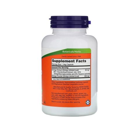 NOW Ginkgo Biloba 60 mg-viên uống giúp cải thiện chức năng não bộ và tăng tuần hoàn máu não