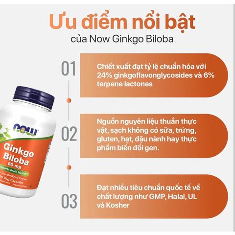 NOW Ginkgo Biloba 60 mg-viên uống giúp cải thiện chức năng não bộ và tăng tuần hoàn máu não