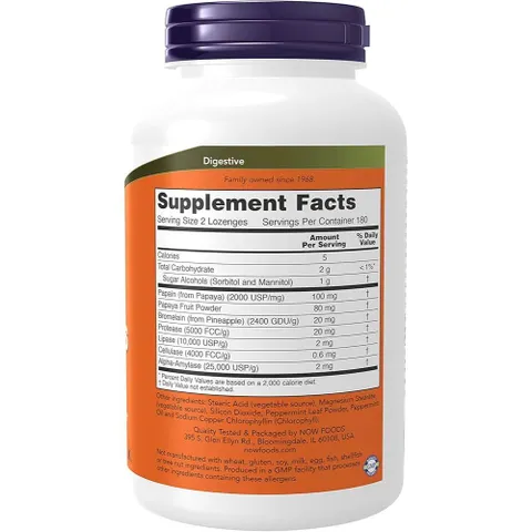 NOW Foods Viên Nhai Đu Đủ Enzymes - Hỗ Trợ Tiêu Hóa, Giảm Đầy Hơi, Khó Tiêu - 180 Viên Ngậm Dễ Dàng Sử Dụng