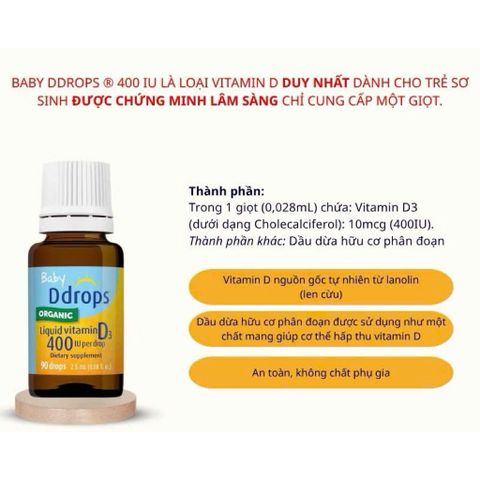 Vitamin D3 Baby Drops 400IU - Nhỏ Giọt Bổ Sung Canxi Cho Bé Sơ Sinh & Trẻ Nhỏ, USDA Organic, Hỗ Trợ Phát Triển Xương Khỏe Mạnh