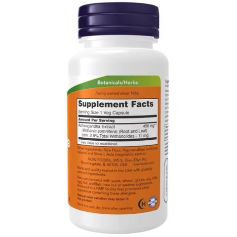 Viên uống Ashwagandha 450mg Now - Nhân Sâm Ấn Độ Tăng Cường Sức Khỏe, Giảm Căng Thẳng, Hỗ Trợ Giấc Ngủ cho Nam và Nữ