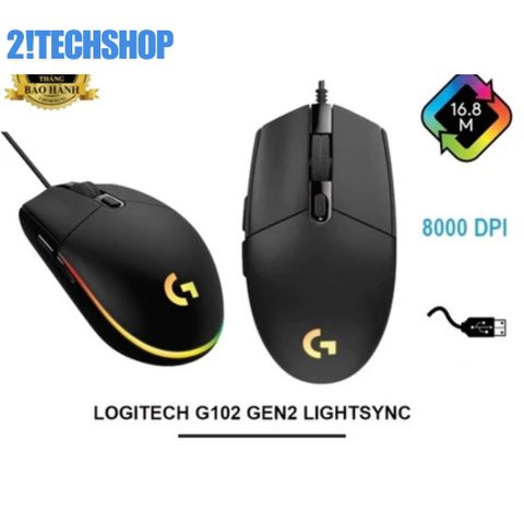 Chuột Gaming Logitech G102 Có Dây - RGB 8000DPI, Thiết Kế Công Thái Học, Đen/Trắng - Chuột Chơi Game Chính Hãng
