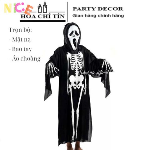 Áo Choàng Xương Thần Chết Halloween - Bộ Trang Phục Kèm Găng Tay và Mặt Nạ Hóa Trang Độc Đáo cho Tiệc Tùng