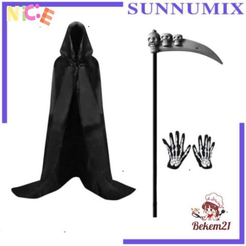 Bộ Hóa Trang Thần Chết Halloween Độc Đáo - Áo Choàng Có Mũ, Găng Tay Xương & Phụ Kiện Tạo Nên Phong Cách Kinh Dị ấn Tượng