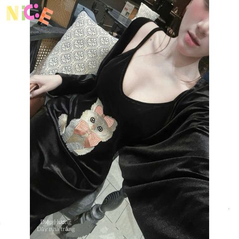 Bộ Váy Nhung Dễ Thương Thêu Mèo Kèm Áo Choàng - Thời Trang Nữ Phong Cách Kawaii, Mặc Dạo Phố, Gợi Ý Quà Tặng Hấp Dẫn